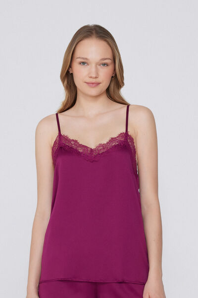 Tezenis Camiseta de Tirantes Finos de Raso y Encaje Mujer Rojo Tamaño XS