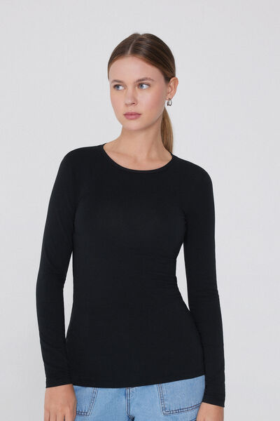 Tezenis Camiseta Manga Larga Cuello Redondo Algodón Orgánico Elástico Mujer Negro Tamaño S