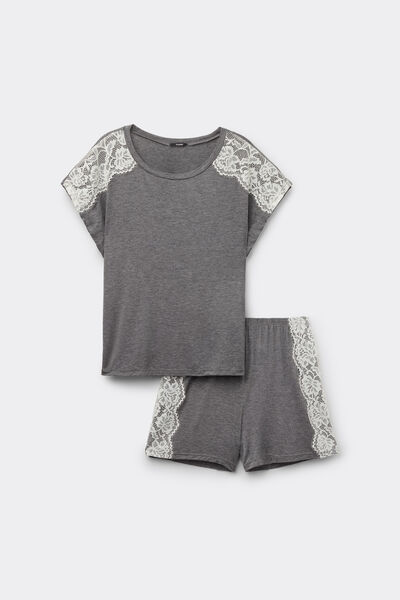 Tezenis Pijama corto de viscosa y encaje Mujer Gris Tamaño L
