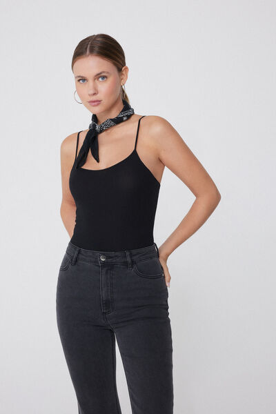Tezenis Body con Tirantes Finos de Canalé de Algodón Mujer Negro Tamaño L