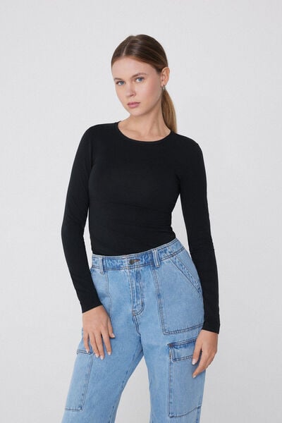 Tezenis Camiseta Manga Larga Cuello Redondo Algodón Orgánico Elástico Mujer Negro Tamaño L