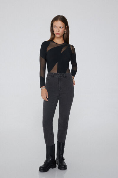 Tezenis Body Manga Larga Apliques Microfibra y Tul Mujer Negro Tamaño L