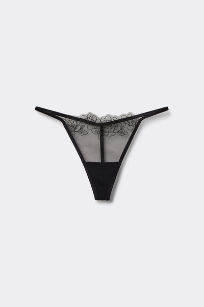 Tezenis Tanga Tira Fina Fleur Noir Mujer Negro Tamaño L