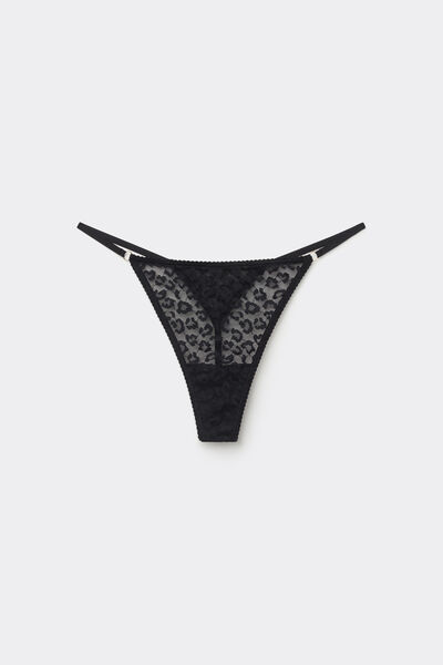 Tezenis Tanga Tira Lateral Fina Encaje Moteado Mujer Negro Tamaño L