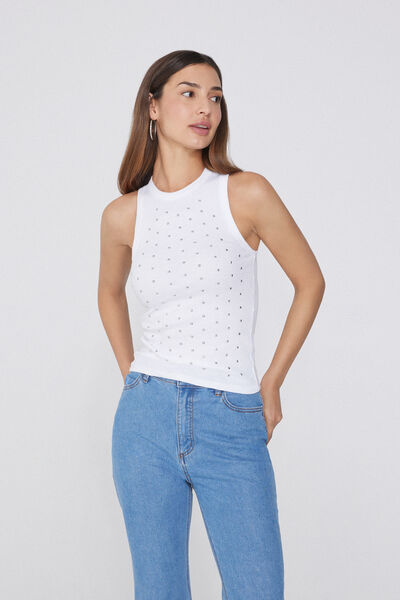 Tezenis Camiseta de Tirantes con Escote Halter de Canalé con Tachuelas Mujer Blanco Tamaño L