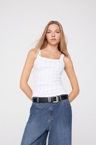 Tezenis Camiseta de Tirantes Canalé Algodón Strass Mujer Blanco Tamaño L