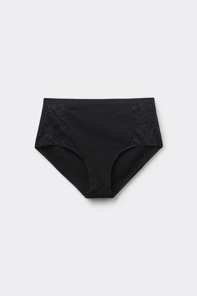 Tezenis Culotte Taille Haute en Coton et Dentelle Recyclée Femme Noir Taille L