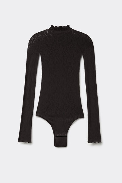 Tezenis Body Manga Larga Encaje Floral Sin Costuras Mujer Negro Tamaño M/L