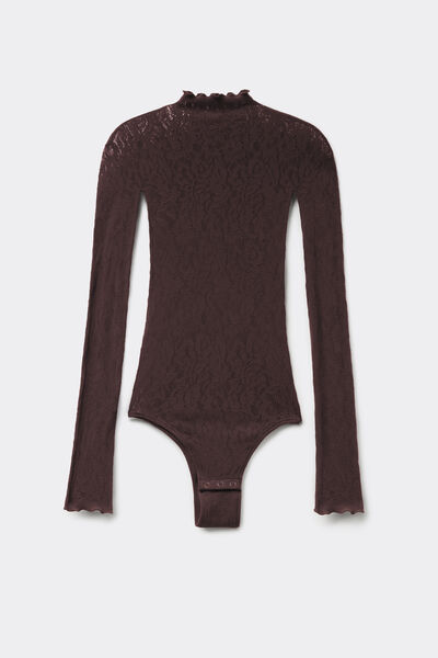 Tezenis Body Manga Larga Encaje Floral Sin Costuras Mujer Marrón Tamaño M/L