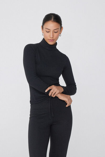 Tezenis Jersey Abrigado Manga Larga Cuello Alto Canalé con Lana Mujer Negro Tamaño L