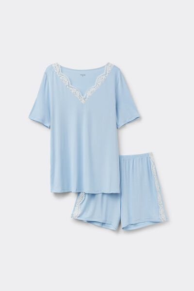 Tezenis Pijama Corto Cuello de Pico Viscosa y Encaje Mujer Azul Claro Tamaño L