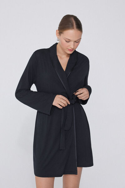 Tezenis Bata Manga Larga de Viscosa Ribetes Raso Mujer Negro Tamaño L