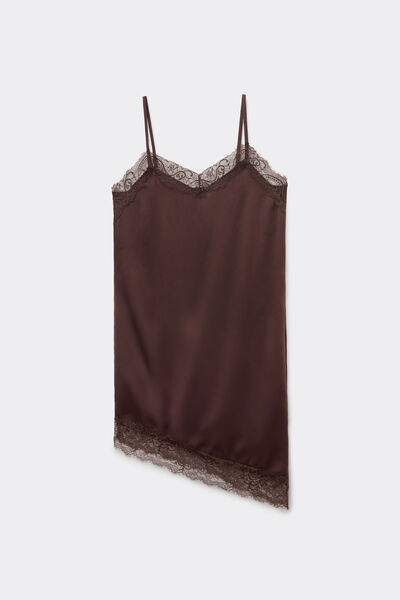 Tezenis Combinación Vestido Asimétrica de Raso y Encaje Mujer Marrón Tamaño L