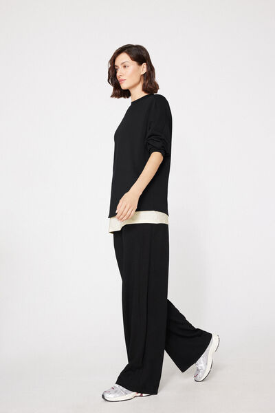 Tezenis Pantalones Palazzo con Bandas de Canalé Superior Softness Mujer Negro Tamaño L