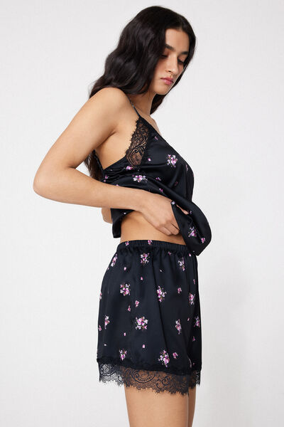 Tezenis Pantalón Corto de Raso Estampado y Encaje Mujer Negro Tamaño L
