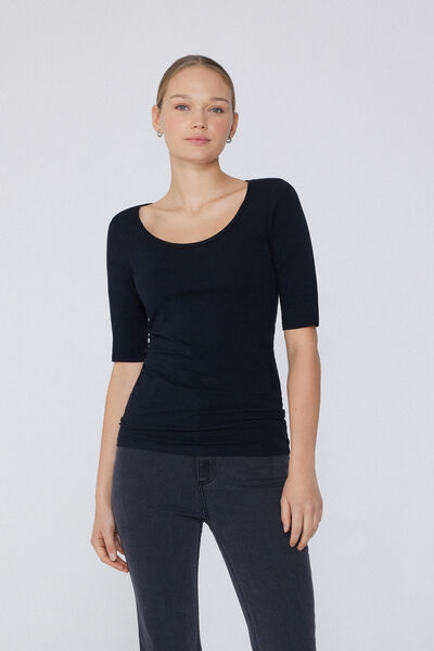 Tezenis Camiseta Manga Corta Amplio Escote Redondo Algodón Orgánico Mujer Negro Tamaño L
