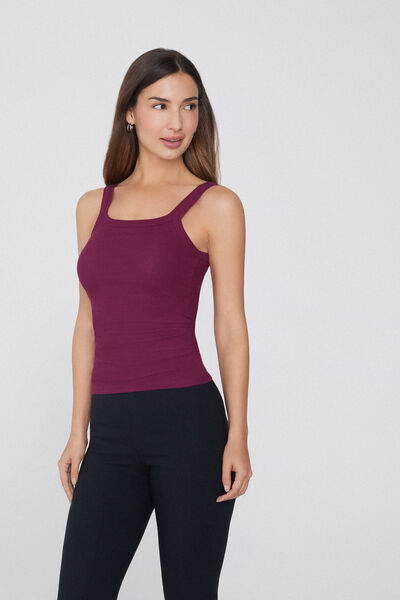 Tezenis Camiseta de Tirantes con Escote Cuadrado de Canalé de Algodón Mujer Rojo Tamaño L