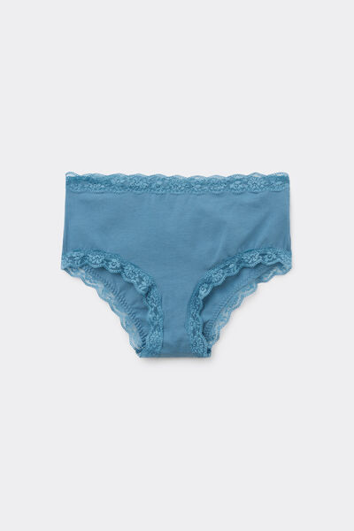 Tezenis Braguita de Talle Alto de Algodón y Encaje Mujer Azul Tamaño L