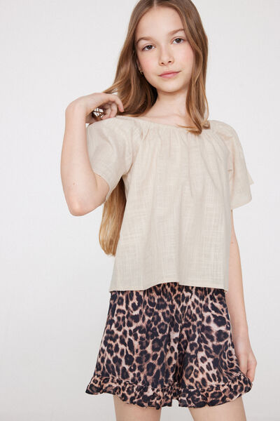 Tezenis Top con Volante Tela de Algodón Efecto Lino Chica Natural Tamaño 10-11