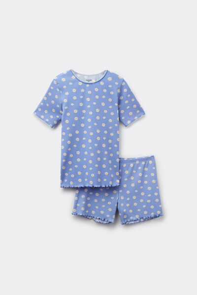 Tezenis Pijama Corto Niña Canalé Algodón Margaritas Chica Azul Tamaño 10-11