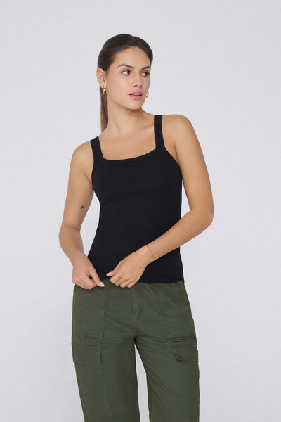 Tezenis Camiseta de Tirantes con Escote Cuadrado de Canalé de Algodón Mujer Negro Tamaño L