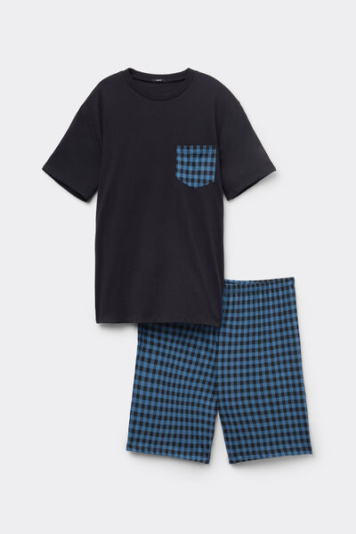 Tezenis Pijama Corto Algodón Bolsillo Cuadros Hombre Azul Tamaño L