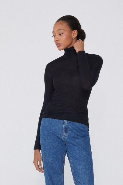 Tezenis Camiseta Ligerísima Cuello Alto con Lana Merina Mujer Negro Tamaño L