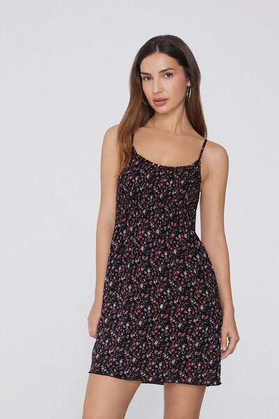 Tezenis Vestido con Tirantes Finos de Punto Smock de Viscosa Mujer Negro Tamaño L