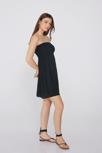 Tezenis Vestido Corto sin tirantes de Punto Smock y Tela Viscosa Mujer Negro Tamaño L