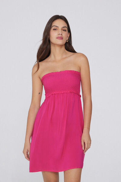 Tezenis Vestido Corto sin tirantes de Punto Smock y Tela Viscosa Mujer Rosa Tamaño L
