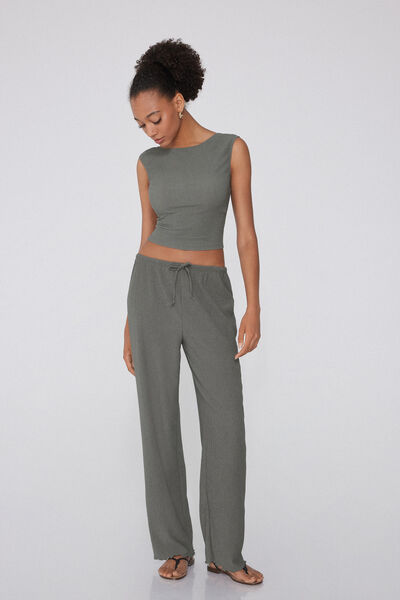 Tezenis Pantalón Palazzo Efecto Crepé Cordón Mujer Verde Tamaño L