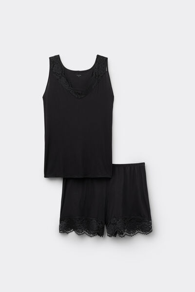 Tezenis Pijama Corto de Viscosa y Encaje con Tirante Ancho Mujer Negro Tamaño L