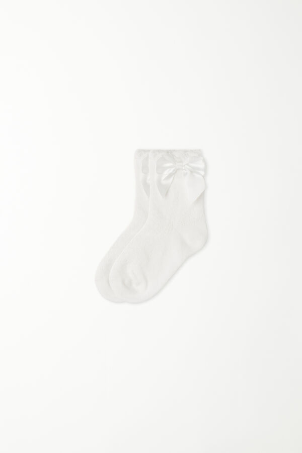 Girls’ Short Patterned Cotton Socks with Satin Bow  