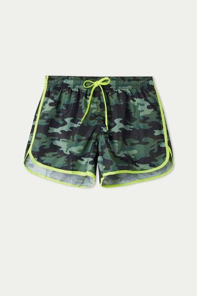 Short Printed Cloth Swim Trunks with Piping