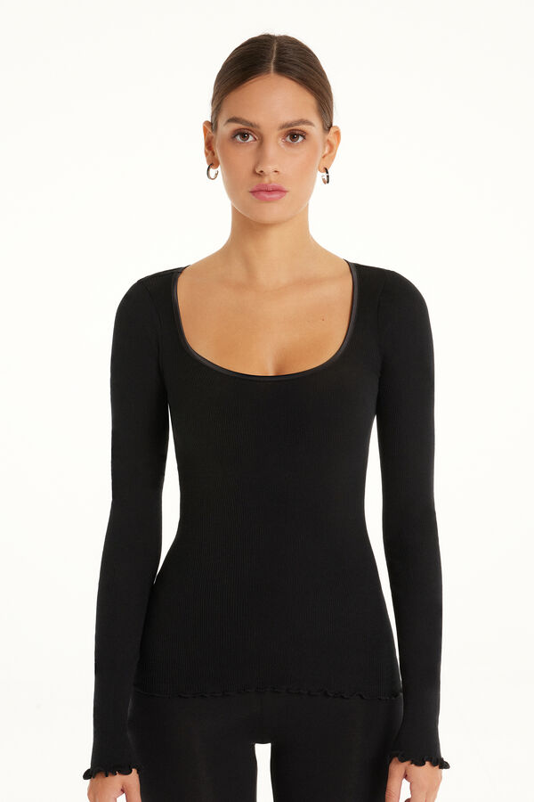 Ribbed 100% Cotton and Satin Long Sleeve Top  
