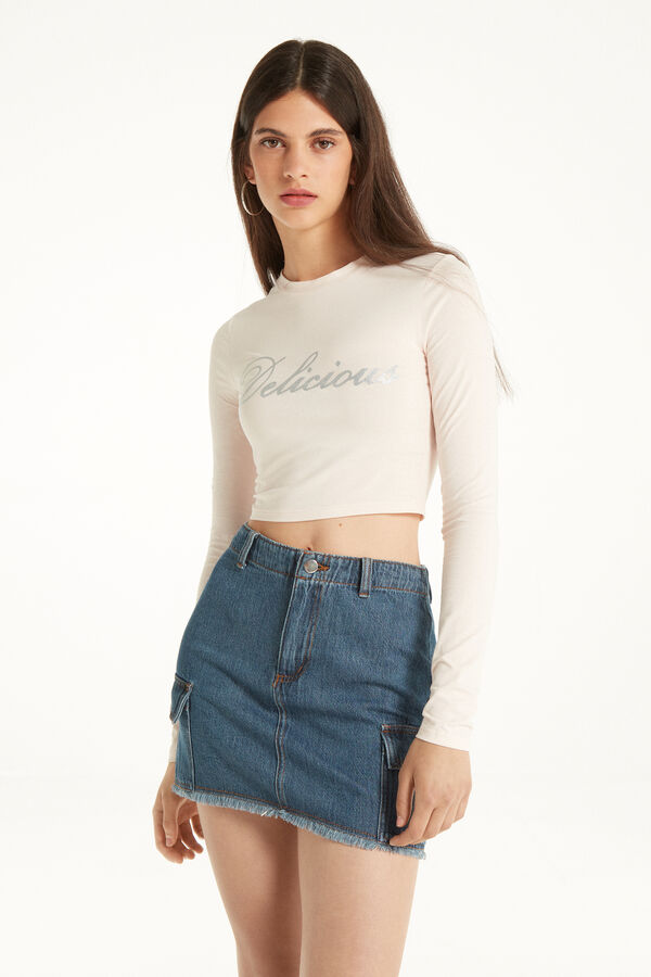 Short Cotton Top with Long Sleeves and Lettering  