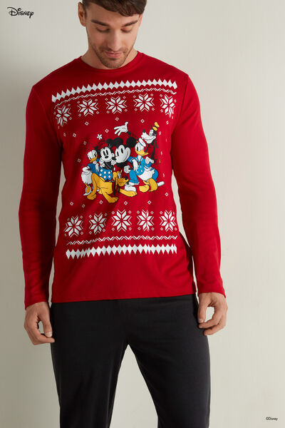 Dlouhé Pánské Bavlněné Pyžamo s Vánočním Disneyovským Vzorem Mickey Mouse
