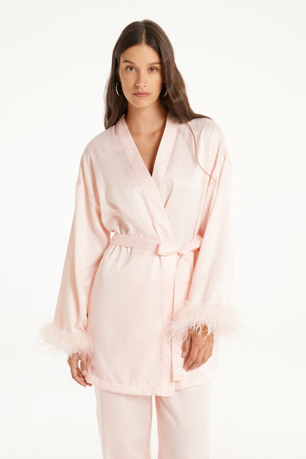 Limited Edition Long-Sleeved Satin Dressing Gown with Feathers  