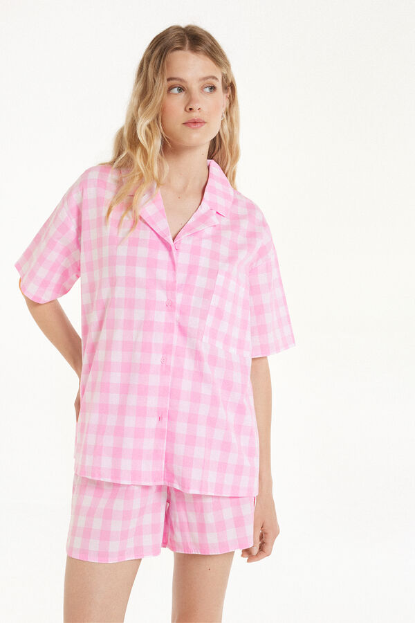 Short Plain Weave Cotton Button-Down Pajamas  