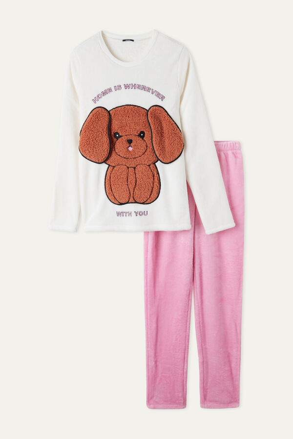 Langer Pyjama aus Fleece mit Hunde-Patch  