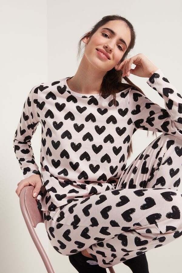 Heart Print Long Cotton Pyjamas - | Tezenis