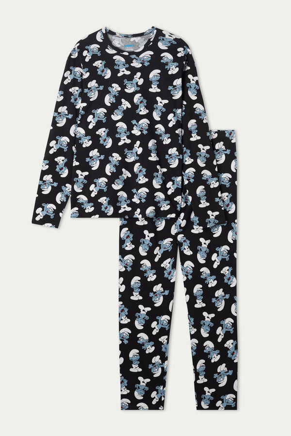 Pyjama Long Coton Imprimé Schtroumpfs sur l'Ensemble  