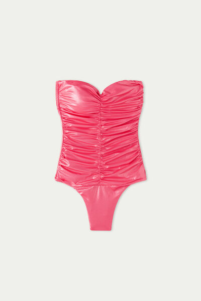 Shiny Bandeau One-Piece Swimsuit with Gathering