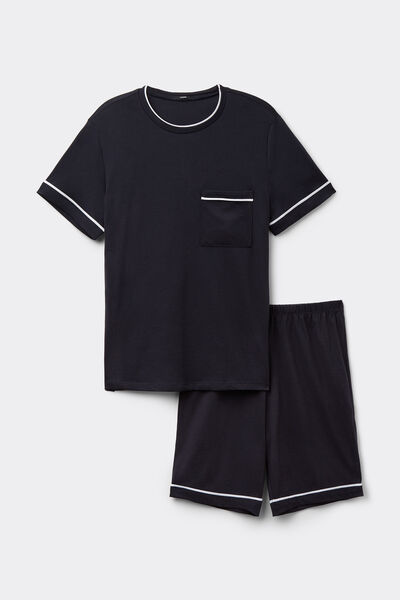 Piped Basic Short Cotton Pyjamas with Pocket