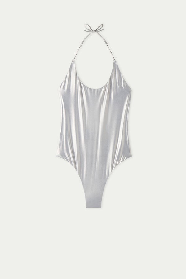 Metallic Silver Rounded Neck One-Piece Swimsuit  