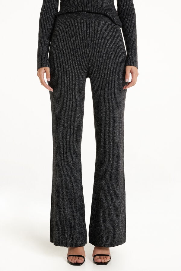 Laminated Ribbed Flared Trousers  