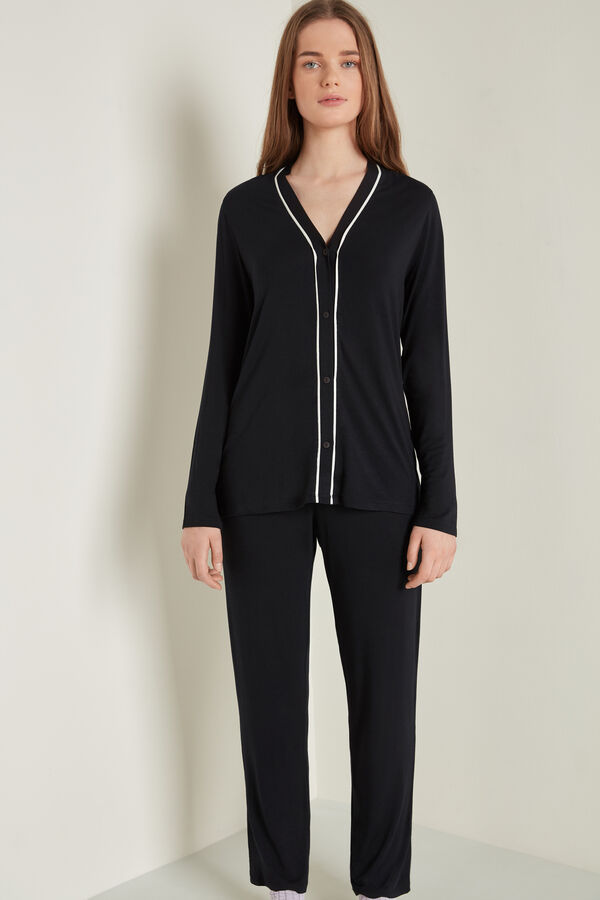 Long Open V-Neck Pyjamas with Piping Detail  