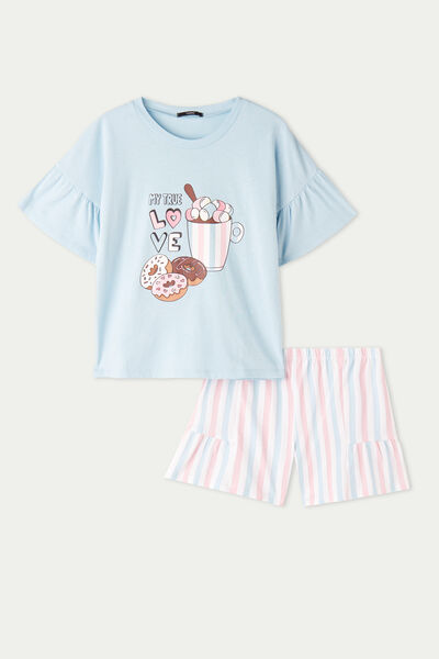 Girls’ "True Love" Print Short Cotton Pyjamas with Rounded Neck