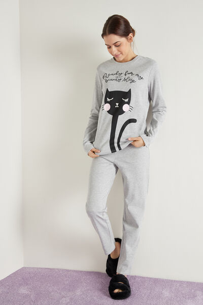 Langer Pyjama aus Baumwolle mit Katzenprint