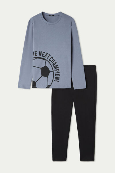Boys’ Football Print Long Cotton Pyjamas with Rounded Neck